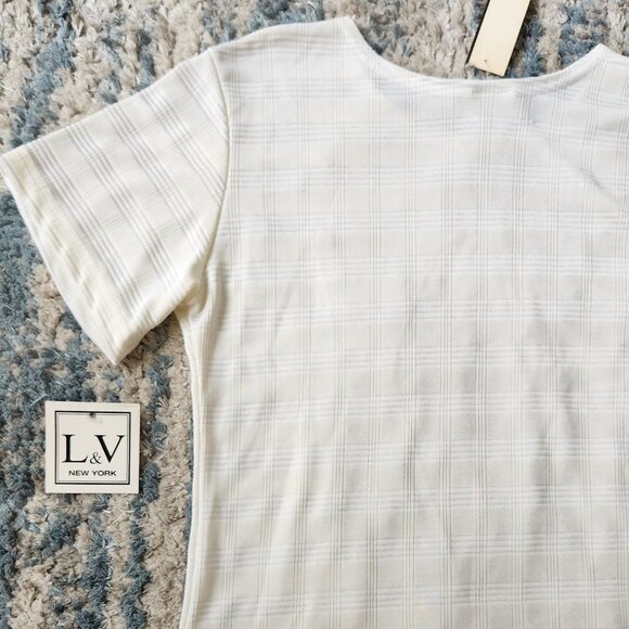 White Plaid Stripe Short Sleeve Blouse Medium Petite - Picture 7 of 11